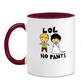 Кружка двухцветная с принтом LOL NO PANTS в городе Новоалтайск, керамика | объем — 330 мл, диаметр — 80 мм. Цветная ручка и кайма сверху, в некоторых цветах — вся внутренняя часть | Тематика изображения на принте: bbc | benedict | cumberbatch | dead | detective | doctor | freeman | holmes | john | martin | potato | sherlock | watson | бенедикт | ватсон | детектив | доктор | камбербэтч | мартин | мориарти | профессор | фримен | холмс | шерлок