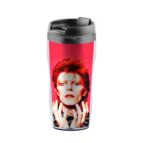 Термокружка-непроливайка с принтом Ziggy Stardust в городе Новоалтайск, внутренняя часть — пищевой пластик, наружная часть — прозрачный пластик, между ними — полиграфическая вставка с рисунком | объем — 350 мл, герметичная крышка | Тематика изображения на принте: bowie | david | ziggy stardust | боуи | дэвид | музыкант | певец | рок