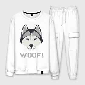 Мужской костюм хлопок с принтом Хаски WOOF! в городе Новоалтайск, 100% хлопок | на свитшоте круглая горловина, мягкая резинка по низу. Брюки заужены к низу, на них два вида карманов: два “обычных” по бокам и два объемных, с клапанами, расположенные ниже линии бедра. Брюки с мягкой трикотажной резинкой на поясе и по низу штанин. В поясе для дополнительного комфорта — широкие завязки | 8 bit | выполненный в 8 bit стиле с надписью 