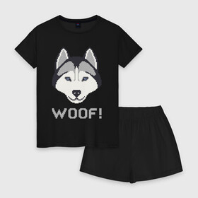 Женская пижама с шортиками хлопок с принтом Хаски WOOF! в городе Новоалтайск, 100% хлопок | футболка прямого кроя, шорты свободные с широкой мягкой резинкой | 8 bit | выполненный в 8 bit стиле с надписью 