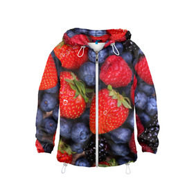 Детская ветровка 3D с принтом Berries в городе Новоалтайск, 100% полиэстер | подол и капюшон оформлены резинкой с фиксаторами, по бокам два кармана без застежек, один потайной карман на груди | strawberry | vegan | vegetarian | веган | вегетарианство | земляника | йога | клубника | фитнес | черника | ягода