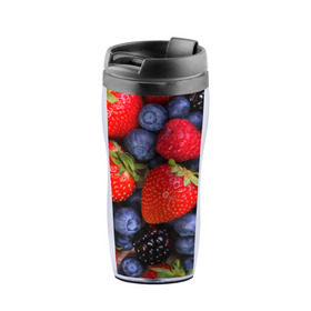 Термокружка-непроливайка с принтом Berries в городе Новоалтайск, внутренняя часть — пищевой пластик, наружная часть — прозрачный пластик, между ними — полиграфическая вставка с рисунком | объем — 350 мл, герметичная крышка | strawberry | vegan | vegetarian | веган | вегетарианство | земляника | йога | клубника | фитнес | черника | ягода