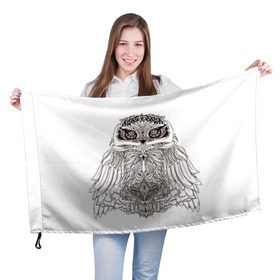 Флаг 3D с принтом Сова в городе Новоалтайск, 100% полиэстер | плотность ткани — 95 г/м2, размер — 67 х 109 см. Принт наносится с одной стороны | сова чернобелое