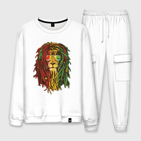 Мужской костюм хлопок с принтом Раста лев в городе Новоалтайск, 100% хлопок | на свитшоте круглая горловина, мягкая резинка по низу. Брюки заужены к низу, на них два вида карманов: два “обычных” по бокам и два объемных, с клапанами, расположенные ниже линии бедра. Брюки с мягкой трикотажной резинкой на поясе и по низу штанин. В поясе для дополнительного комфорта — широкие завязки | Тематика изображения на принте: джа | регги