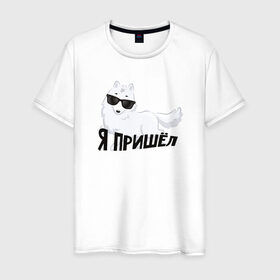 Мужская футболка хлопок с принтом Песец в городе Новоалтайск, 100% хлопок | прямой крой, круглый вырез горловины, длина до линии бедер, слегка спущенное плечо. | Тематика изображения на принте: интернет прикол | песец | пришел | юмор