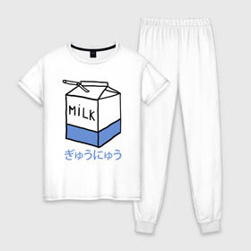 Женская пижама хлопок с принтом milk в городе Новоалтайск, 100% хлопок | брюки и футболка прямого кроя, без карманов, на брюках мягкая резинка на поясе и по низу штанин | milk | milkman | moloko | коробка | молоко | напиток | тетрапак