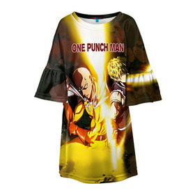 Детское платье 3D с принтом One punch man в городе Новоалтайск, 100% полиэстер | прямой силуэт, чуть расширенный к низу. Круглая горловина, на рукавах — воланы | anime | ван пач ман | ван пач мен | ванпанчман | ванпанчмен | ванпачман | ванпачмен | генос | сайтама