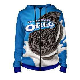 Женская толстовка 3D на молнии с принтом Oreo в городе Новоалтайск, 100% полиэстер | длина до линии бедра, манжеты и пояс оформлены мягкой тканевой резинкой, двухслойный капюшон со шнурком для регулировки, спереди молния, по бокам два кармана | oreo | орео | печенье | сладости