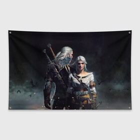 Флаг-баннер с принтом Geralt and Ciri в городе Новоалтайск, 100% полиэстер | размер 67 х 109 см, плотность ткани — 95 г/м2; по краям флага есть четыре люверса для крепления | ciri | gerald | roach | wild hunt | witcher | ведьмак | ведьмы | геральд | дикая охота | йен | йеннифер | плотва | цири