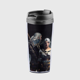 Термокружка-непроливайка с принтом Geralt and Ciri в городе Новоалтайск, внутренняя часть — пищевой пластик, наружная часть — прозрачный пластик, между ними — полиграфическая вставка с рисунком | объем — 350 мл, герметичная крышка | ciri | gerald | roach | wild hunt | witcher | ведьмак | ведьмы | геральд | дикая охота | йен | йеннифер | плотва | цири