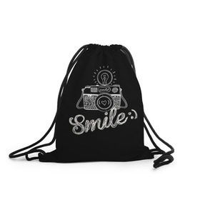 Рюкзак-мешок 3D с принтом Smile в городе Новоалтайск, 100% полиэстер | плотность ткани — 200 г/м2, размер — 35 х 45 см; лямки — толстые шнурки, застежка на шнуровке, без карманов и подкладки | Тематика изображения на принте: camera | smile | вспышка | зеркалка | камера | фотик | фото | фотоаппарат | фотографировать