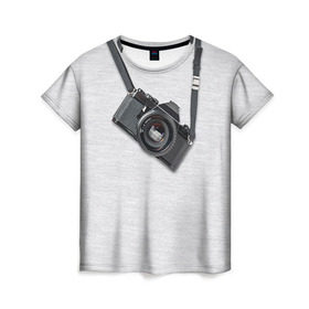 Женская футболка 3D с принтом Фотоаппарат на груди в городе Новоалтайск, 100% полиэфир ( синтетическое хлопкоподобное полотно) | прямой крой, круглый вырез горловины, длина до линии бедер | camera | зеркалка | камера | фотик | фото | фотоаппарат | фотографировать