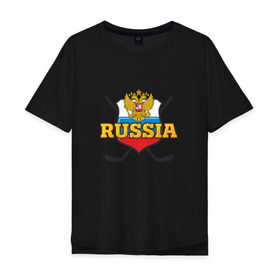 Мужская футболка хлопок Oversize с принтом Hockey. Russian team. в городе Новоалтайск, 100% хлопок | свободный крой, круглый ворот, “спинка” длиннее передней части | Тематика изображения на принте: клюшка | медведь | россия | русские | хоккей | шайба