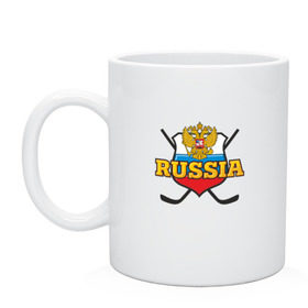 Кружка с принтом Hockey. Russian team. в городе Новоалтайск, керамика | объем — 330 мл, диаметр — 80 мм. Принт наносится на бока кружки, можно сделать два разных изображения | Тематика изображения на принте: клюшка | медведь | россия | русские | хоккей | шайба