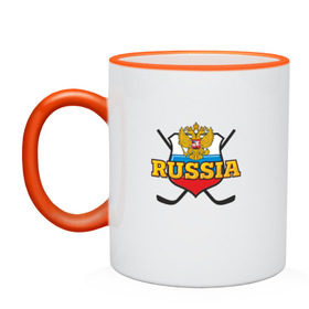 Кружка двухцветная с принтом Hockey. Russian team. в городе Новоалтайск, керамика | объем — 330 мл, диаметр — 80 мм. Цветная ручка и кайма сверху, в некоторых цветах — вся внутренняя часть | Тематика изображения на принте: клюшка | медведь | россия | русские | хоккей | шайба
