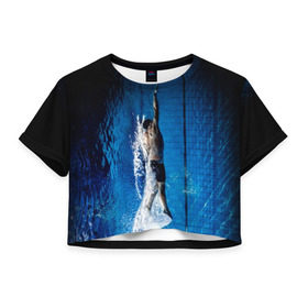 Женская футболка 3D укороченная с принтом Пловец в городе Новоалтайск, 100% полиэстер | круглая горловина, длина футболки до линии талии, рукава с отворотами | аква | бассейн | ныряльщик | соревнования | спорт