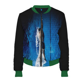 Женский бомбер 3D с принтом Пловец в городе Новоалтайск, 100% полиэстер | застегивается на молнию, по бокам два кармана без застежек, мягкие манжеты, по низу бомбера и на воротнике — эластичная резинка | аква | бассейн | ныряльщик | соревнования | спорт