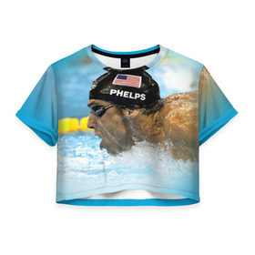 Женская футболка 3D укороченная с принтом Michael Phelps в городе Новоалтайск, 100% полиэстер | круглая горловина, длина футболки до линии талии, рукава с отворотами | Тематика изображения на принте: 