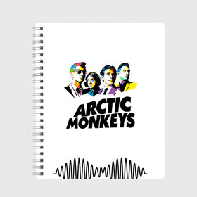 Тетрадь с принтом Arctic Monkeys 2 в городе Новоалтайск, 100% бумага | 48 листов, плотность листов — 60 г/м2, плотность картонной обложки — 250 г/м2. Листы скреплены сбоку удобной пружинной спиралью. Уголки страниц и обложки скругленные. Цвет линий — светло-серый
 | am | arctic | arctic monkeys | monkeys | rock | алекс тёрнер | амы | арктические мартышки | джейми кук | мартышки | мэтт хелдерс. ам | ник омэлли | ник о’мэлли | рок