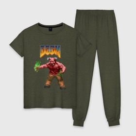 Женская пижама хлопок с принтом Минотавр (Doom) пиксель-арт в городе Новоалтайск, 100% хлопок | брюки и футболка прямого кроя, без карманов, на брюках мягкая резинка на поясе и по низу штанин | 