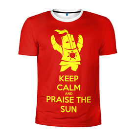 Мужская футболка 3D спортивная с принтом Keep calm and praise the sun в городе Новоалтайск, 100% полиэстер с улучшенными характеристиками | приталенный силуэт, круглая горловина, широкие плечи, сужается к линии бедра | dark souls