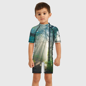 Детский купальный костюм 3D с принтом Утренний лес в городе Новоалтайск, Полиэстер 85%, Спандекс 15% | застежка на молнии на спине | дерево | солнце