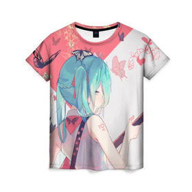Женская футболка 3D с принтом Hatsune Miku в городе Новоалтайск, 100% полиэфир ( синтетическое хлопкоподобное полотно) | прямой крой, круглый вырез горловины, длина до линии бедер | Тематика изображения на принте: anime | hatsune | hatsune miku | miku | music | vocaloid | аниме | мику | музыка | пение | хацунэ