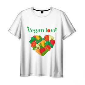 Мужская футболка 3D с принтом Vegan love в городе Новоалтайск, 100% полиэфир | прямой крой, круглый вырез горловины, длина до линии бедер | art | vegan | вегетарианство | любовь | овощи | фрукты