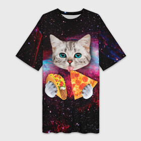 Платье-футболка 3D с принтом Кот с едой в городе Новоалтайск,  |  | art | cat | pizza | space | еда | космос | кот | кот в космосе | кот с едой | котенок | котик | пицца