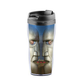 Термокружка-непроливайка с принтом Pink Floyd. The division bell в городе Новоалтайск, внутренняя часть — пищевой пластик, наружная часть — прозрачный пластик, между ними — полиграфическая вставка с рисунком | объем — 350 мл, герметичная крышка | Тематика изображения на принте: 