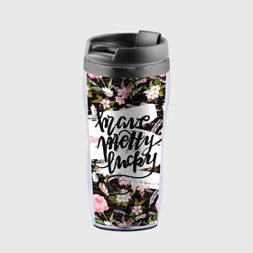 Термокружка-непроливайка с принтом Pretty в городе Новоалтайск, внутренняя часть — пищевой пластик, наружная часть — прозрачный пластик, между ними — полиграфическая вставка с рисунком | объем — 350 мл, герметичная крышка | brave | girl | lucky | pretty