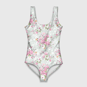 Купальник-боди 3D с принтом Flower pattern в городе Новоалтайск, 82% полиэстер, 18% эластан | Круглая горловина, круглый вырез на спине | белый | паттерн | розовый | цветы