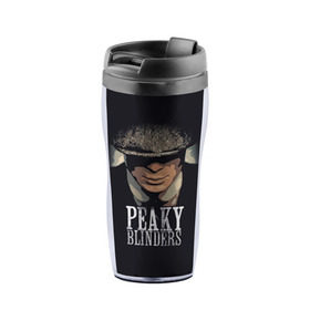 Термокружка-непроливайка с принтом Peaky Blinders 5 в городе Новоалтайск, внутренняя часть — пищевой пластик, наружная часть — прозрачный пластик, между ними — полиграфическая вставка с рисунком | объем — 350 мл, герметичная крышка | Тематика изображения на принте: peaky blinders | козырьки | козырьки сериал | острые козырьки | томас шелби