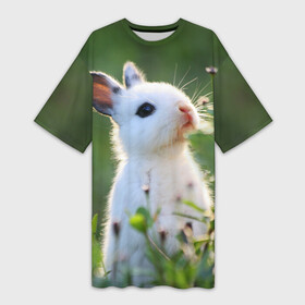 Платье-футболка 3D с принтом Кролик в городе Новоалтайск,  |  | animal | baby | cute | flowers | fluffy | hare | lawn | little | meadow | rabbit | животное | заяц | кролик | луг | лужайка | маленький | малыш | милый | пушистый | цветы