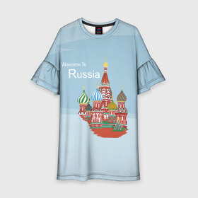 Детское платье 3D с принтом Welcom To Russia в городе Новоалтайск, 100% полиэстер | прямой силуэт, чуть расширенный к низу. Круглая горловина, на рукавах — воланы | welcom to russia | держава | добро пожаловать в россию | кремль | москва | россия | слава россии | страна