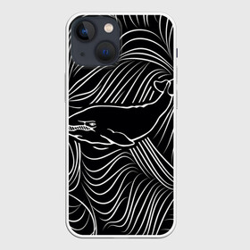 Чехол для iPhone 13 mini с принтом Кит в морской пучине в городе Новоалтайск,  |  | арт | белый | волна | волны | кит | классно | круто | линия | море | рисунок | черный | черта