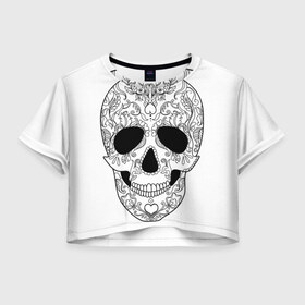Женская футболка 3D укороченная с принтом Мексиканский череп в городе Новоалтайск, 100% полиэстер | круглая горловина, длина футболки до линии талии, рукава с отворотами | белый | день мертвых | мексика | традция | узоры | цветы