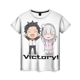 Женская футболка 3D с принтом Re:ZERO VICTORY! в городе Новоалтайск, 100% полиэфир ( синтетическое хлопкоподобное полотно) | прямой крой, круглый вырез горловины, длина до линии бедер | emilia | natsuki | re:zero | re:zero kara hajimeru isekai seikatsu | subaru | victory