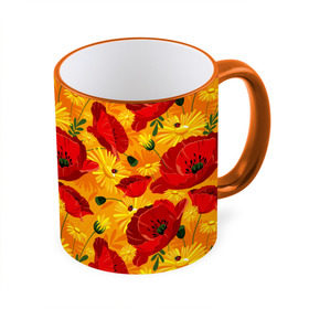 Кружка 3D с принтом Маки в городе Новоалтайск, керамика | ёмкость 330 мл | background | field | flowers | orange | poppies | red | yellow daisies | желтые ромашки | красные | маки | оранжевый | полевые | фон | цветы