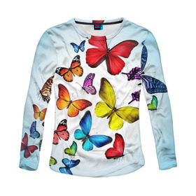 Женский лонгслив 3D с принтом Butterflies в городе Новоалтайск, 100% полиэстер | длинные рукава, круглый вырез горловины, полуприлегающий силуэт | бабочки | белый | картинка | лето | природа | рисунок | розовый | цвета