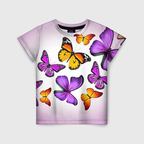 Детская футболка 3D с принтом Butterflies в городе Новоалтайск, 100% гипоаллергенный полиэфир | прямой крой, круглый вырез горловины, длина до линии бедер, чуть спущенное плечо, ткань немного тянется | бабочки | белый | картинка | лето | природа | рисунок | розовый | цвета