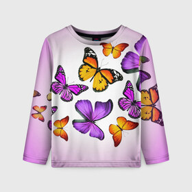 Детский лонгслив 3D с принтом Butterflies в городе Новоалтайск, 100% полиэстер | длинные рукава, круглый вырез горловины, полуприлегающий силуэт
 | бабочки | белый | картинка | лето | природа | рисунок | розовый | цвета