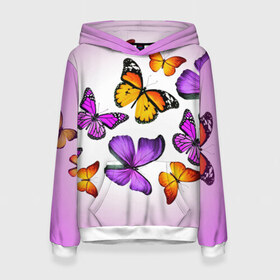 Женская толстовка 3D с принтом Butterflies в городе Новоалтайск, 100% полиэстер  | двухслойный капюшон со шнурком для регулировки, мягкие манжеты на рукавах и по низу толстовки, спереди карман-кенгуру с мягким внутренним слоем. | бабочки | белый | картинка | лето | природа | рисунок | розовый | цвета