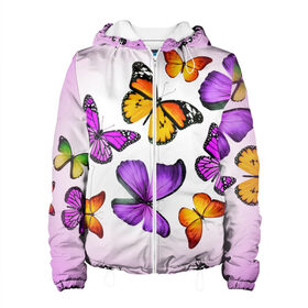 Женская куртка 3D с принтом Butterflies в городе Новоалтайск, ткань верха — 100% полиэстер, подклад — флис | прямой крой, подол и капюшон оформлены резинкой с фиксаторами, два кармана без застежек по бокам, один большой потайной карман на груди. Карман на груди застегивается на липучку | бабочки | белый | картинка | лето | природа | рисунок | розовый | цвета