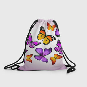 Рюкзак-мешок 3D с принтом Butterflies в городе Новоалтайск, 100% полиэстер | плотность ткани — 200 г/м2, размер — 35 х 45 см; лямки — толстые шнурки, застежка на шнуровке, без карманов и подкладки | Тематика изображения на принте: бабочки | белый | картинка | лето | природа | рисунок | розовый | цвета
