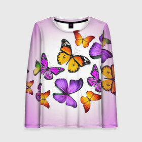 Женский лонгслив 3D с принтом Butterflies в городе Новоалтайск, 100% полиэстер | длинные рукава, круглый вырез горловины, полуприлегающий силуэт | бабочки | белый | картинка | лето | природа | рисунок | розовый | цвета