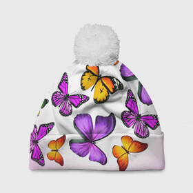 Шапка 3D c помпоном с принтом Butterflies в городе Новоалтайск, 100% полиэстер | универсальный размер, печать по всей поверхности изделия | Тематика изображения на принте: бабочки | белый | картинка | лето | природа | рисунок | розовый | цвета