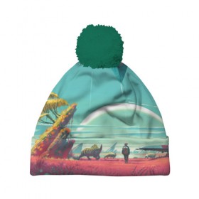 Шапка 3D c помпоном с принтом No Man`s Sky в городе Новоалтайск, 100% полиэстер | универсальный размер, печать по всей поверхности изделия | Тематика изображения на принте: 