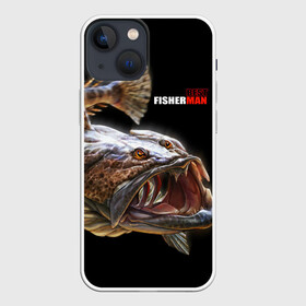 Чехол для iPhone 13 mini с принтом Лучший рыбак в городе Новоалтайск,  |  | best fisherman | black background | deep | fish | fishing | jaws | predator | teeth | water | вода | глубина | зубы | лучший | пасть | рыба | рыбак | рыбалка | хищник | черный фон