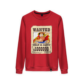 Женский свитшот хлопок с принтом Wanted Luffy в городе Новоалтайск, 100% хлопок | прямой крой, круглый вырез, на манжетах и по низу широкая трикотажная резинка  | ван пис | луффи | разыскивается